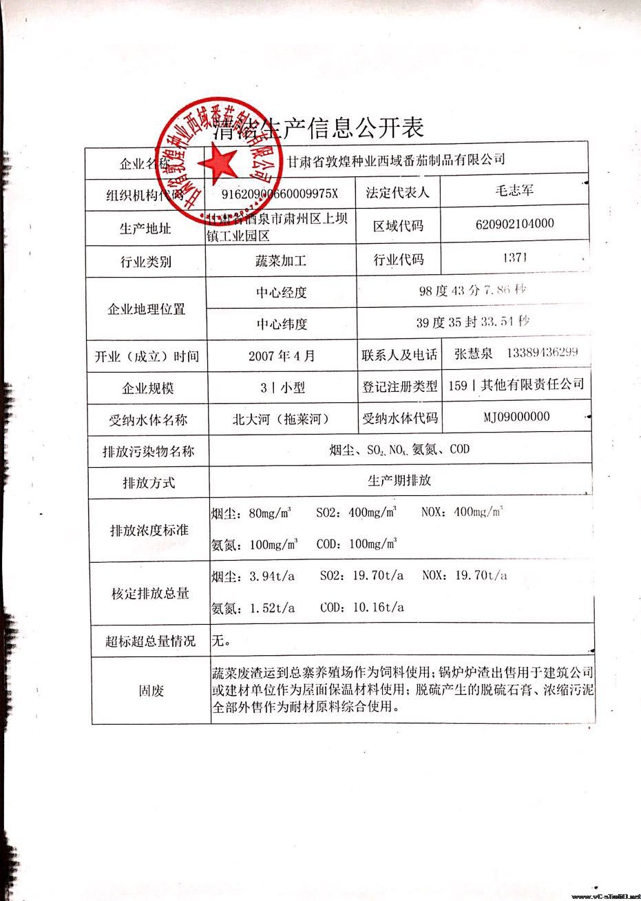 甘肅省敦煌種業(yè)西域番茄制品有限公司清潔生產(chǎn)信息公開表